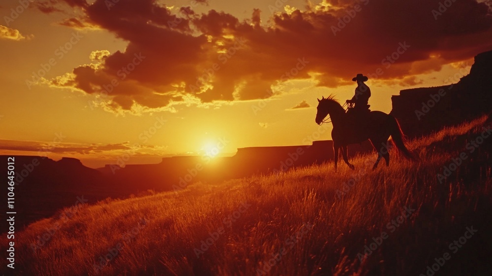 A classic western scene with a lone cowboy riding a horse at sunset A classic western scene with a lone cowboy riding a horse at sunset