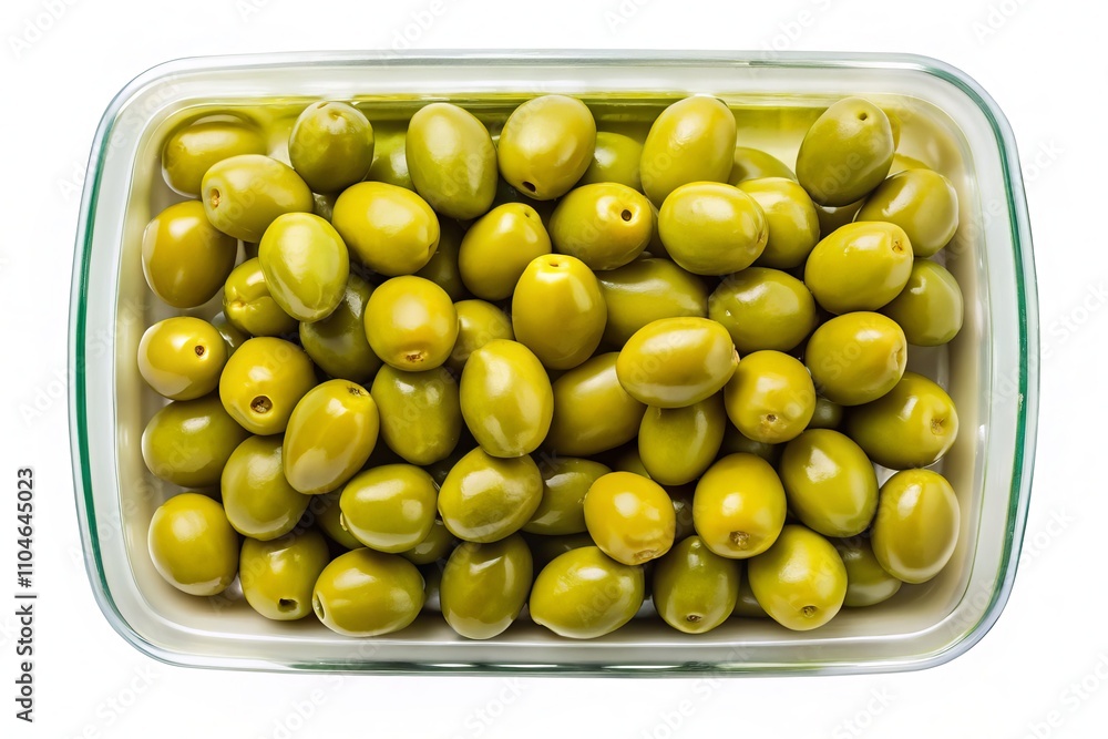 Tasty Green Olives in Plastic Box Isolated on White Background - Perfect for Vegan Dishes and Healthy Snacks, Ideal for Culinary Photography and Food Blogs Tasty Green Olives in Plastic Box Isolated on White Background - Perfect for Vegan Dishes and Healthy Snacks, Ideal for Culinary Photography and Food Blogs