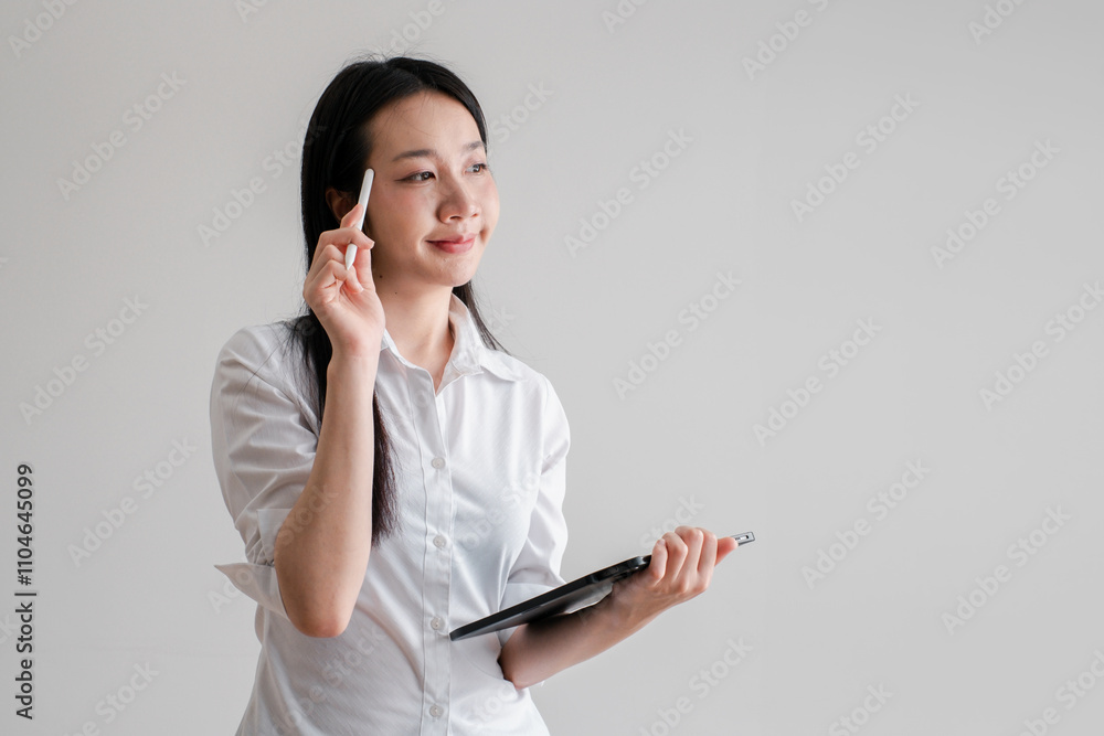 Young woman in a white shirt holding a tablet and stylus, looking thoughtful against a plain background. Young woman in a white shirt holding a tablet and stylus, looking thoughtful against a plain background.