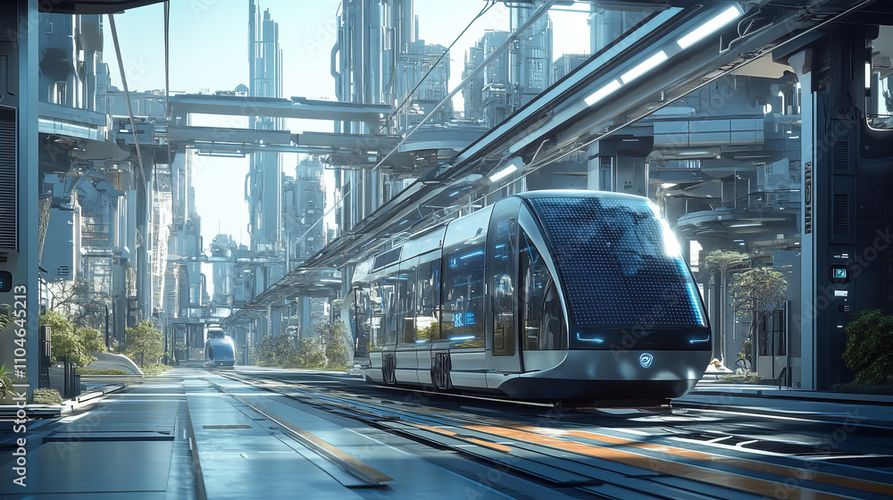 Fototapeta premium Futuristic Cityscape Solar Powered Train Transportation