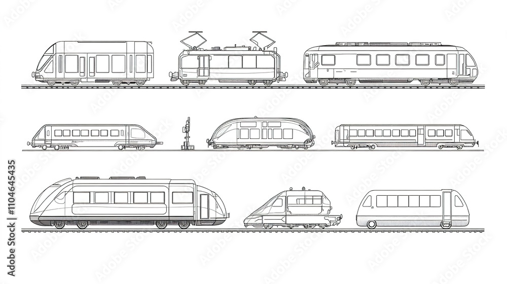 Minimalistic vector illustration of a train in line art style, featuring clean and simple outlines, set against a white background, highlighting the sleek and modern design of the train. Minimalistic vector illustration of a train in line art style, featuring clean and simple outlines, set against a white background, highlighting the sleek and modern design of the train.