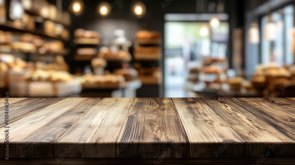 Wooden board empty table background. abstract blurred bakery shop background. Wooden board empty table background. abstract blurred bakery shop background.