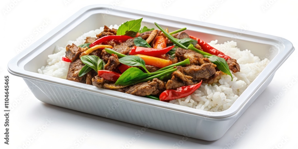Top View of Spicy Stir-Fried Beef and Basil with Steamed Jasmine Rice in Takeaway Box on White Background - Asian Food Delivery with Clipping Path on Main Object, No Shadows Top View of Spicy Stir-Fried Beef and Basil with Steamed Jasmine Rice in Takeaway Box on White Background - Asian Food Delivery with Clipping Path on Main Object, No Shadows