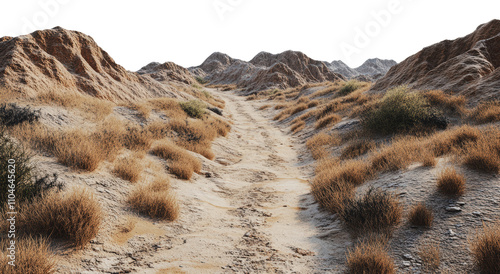 Desert pathway winding through rugged terrain, cut out - stock png. photo