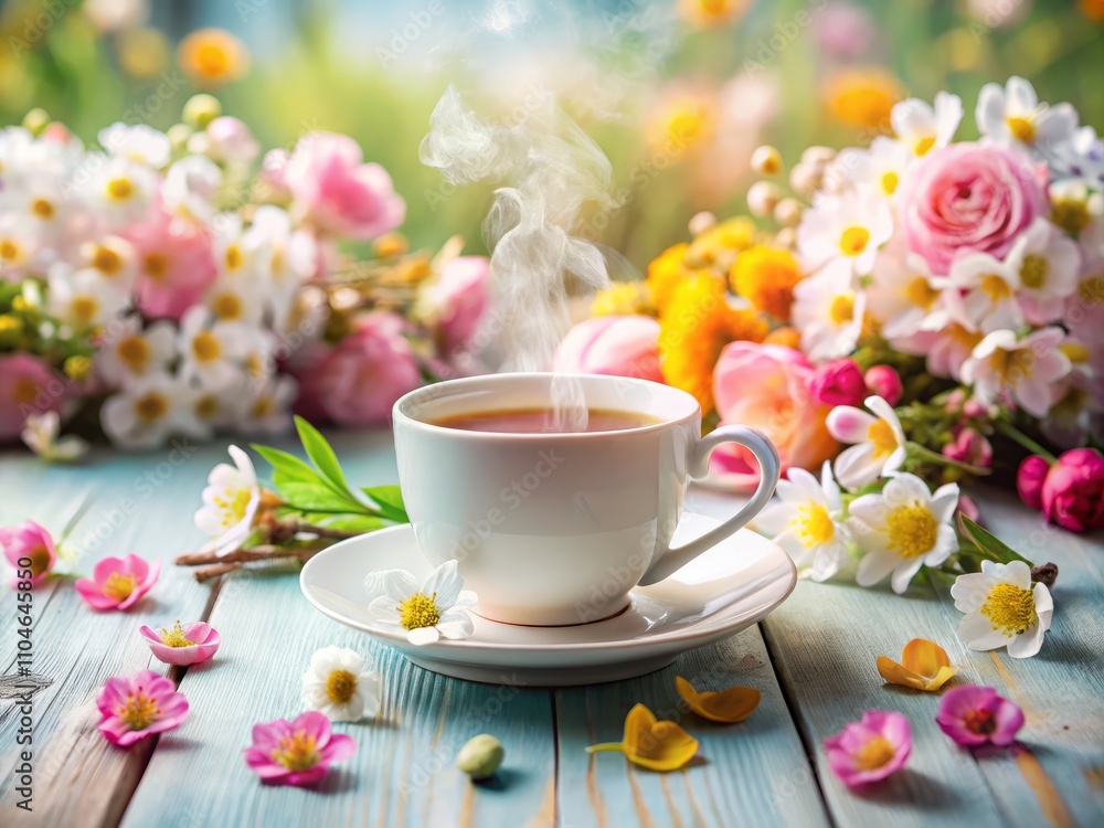 Tranquil Scene of a White Cup of Hot Tea Surrounded by Vibrant Spring Flowers on a Light Wooden Background, Perfect for Relaxation and Refreshment Themes in Food Photography Tranquil Scene of a White Cup of Hot Tea Surrounded by Vibrant Spring Flowers on a Light Wooden Background, Perfect for Relaxation and Refreshment Themes in Food Photography