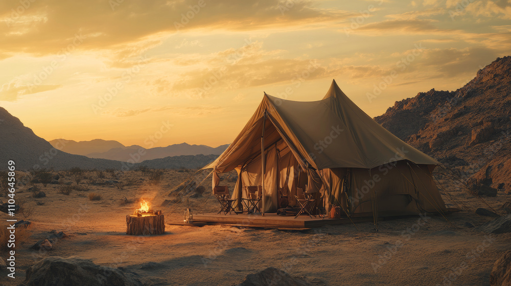 Desert Sunset Glamping: Luxurious Tent Campsite at Dusk Desert Sunset Glamping: Luxurious Tent Campsite at Dusk