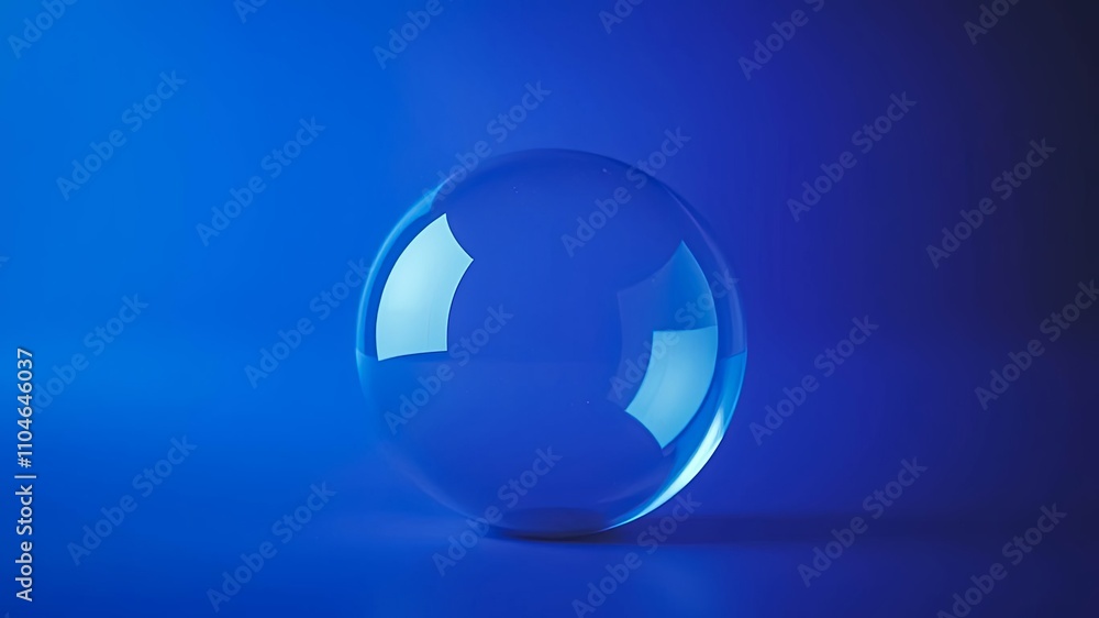 A transparent sphere rests on a vibrant blue surface, reflecting light and creating a captivating visual A transparent sphere rests on a vibrant blue surface, reflecting light and creating a captivating visual