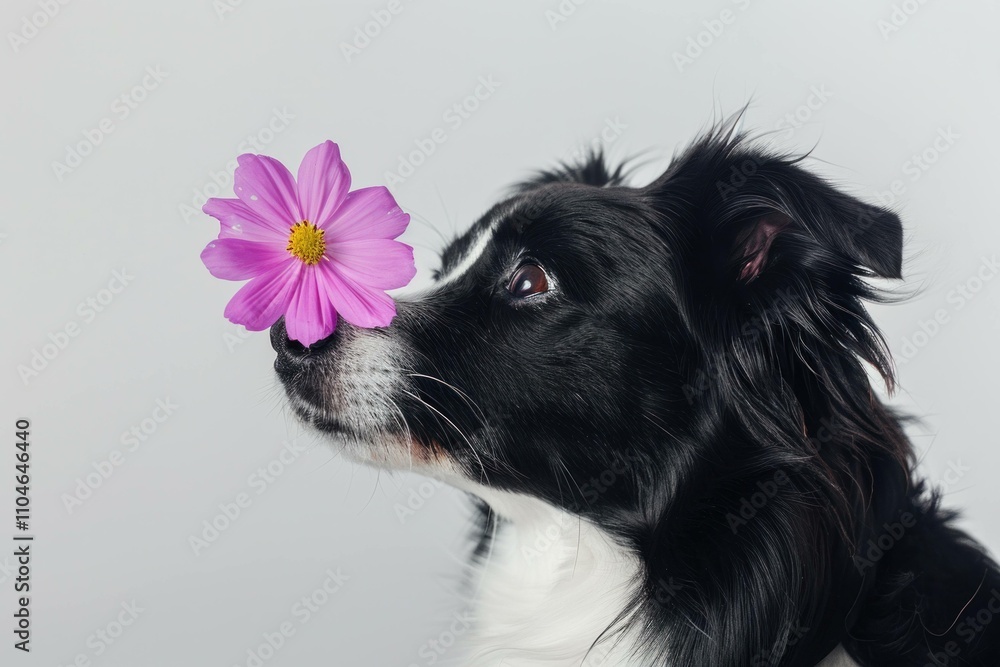 Adorable black and white dog with a pink flower on its nose, showcasing a playful and joyful expression. Pet and nature concept. Adorable black and white dog with a pink flower on its nose, showcasing a playful and joyful expression. Pet and nature concept.