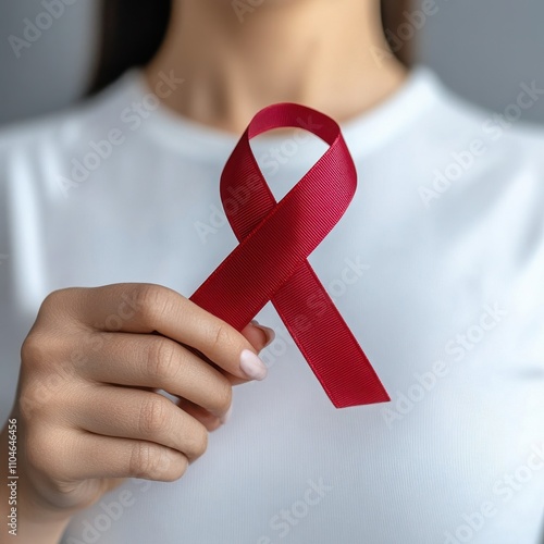 A woman holds a red awareness ribbon, symbolizing support and solidarity in health-related causes, promoting education and empathy. photo