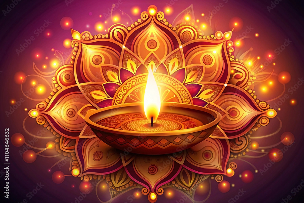 Illuminated diya oil lamp at the center of an ornate mandala. (1)