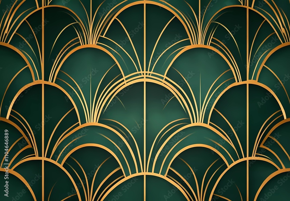 Art deco pattern with gold lines on a dark green background, a seamless wallpaper design for wall art decoration and interior murals. Art deco pattern with gold lines on a dark green background, a seamless wallpaper design for wall art decoration and interior murals.