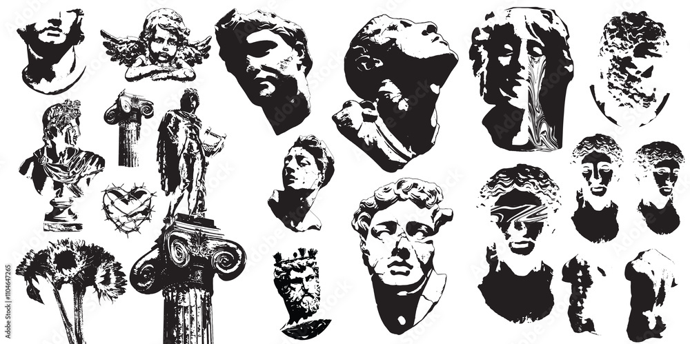 Greek ancient sculpture set. Vector graphic asset for streetwear design. Retro futuristic element in Y2K for apparel, clothing and poster design Greek ancient sculpture set. Vector graphic asset for streetwear design. Retro futuristic element in Y2K for apparel, clothing and poster design