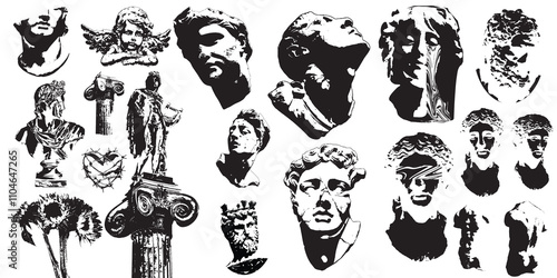 Greek ancient sculpture set. Vector graphic asset for streetwear design. Retro futuristic element in Y2K for apparel, clothing and poster design