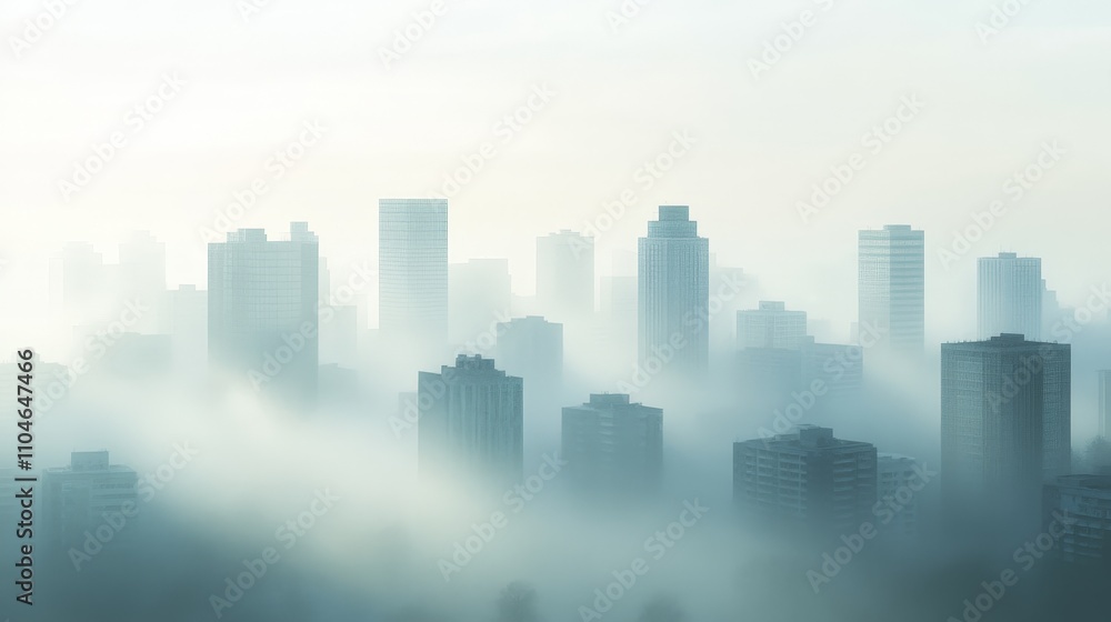 A dense urban skyline with fog rolling in, creating a mysterious atmosphere A dense urban skyline with fog rolling in, creating a mysterious atmosphere