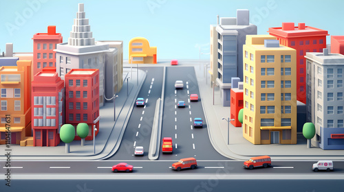 Colorful Cartoon Cityscape with Cars and Buildings