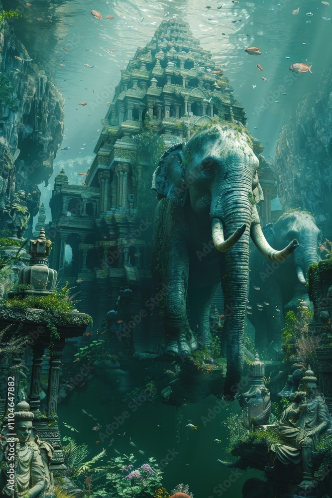 Majestic elephant wandering through an enchanting submerged ancient ...