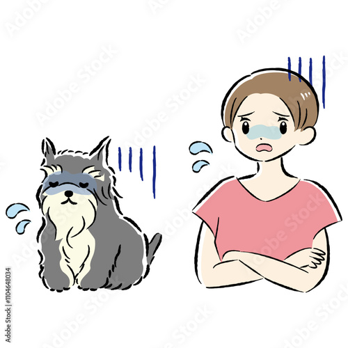 体調不良の犬と心配する飼い主の女性のイラストセット