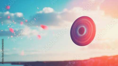 spinning clay target captured mid flight against vibrant sky