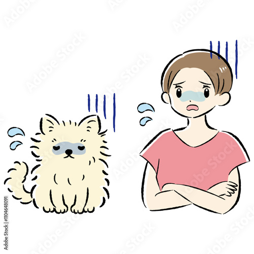 体調不良の犬と心配する飼い主の女性のイラストセット