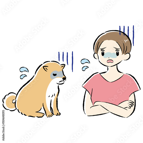 体調不良の犬と心配する飼い主の女性のイラストセット