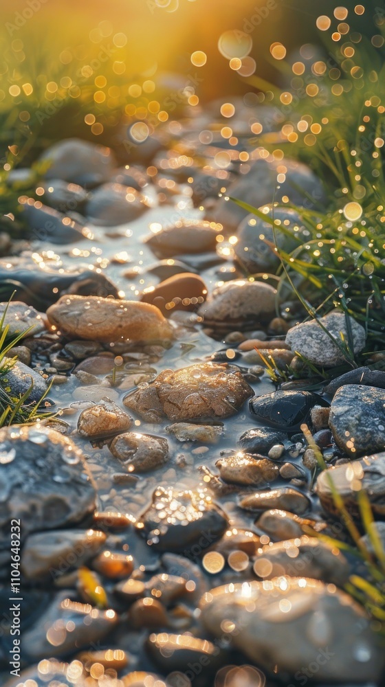 Sunlit stream flowing over smooth stones and grass. Sunlit stream flowing over smooth stones and grass.