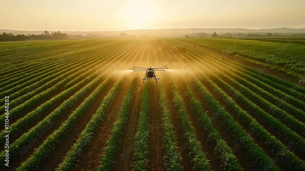 A drone spraying crops in a vast field, demonstrating AI in modern farming A drone spraying crops in a vast field, demonstrating AI in modern farming