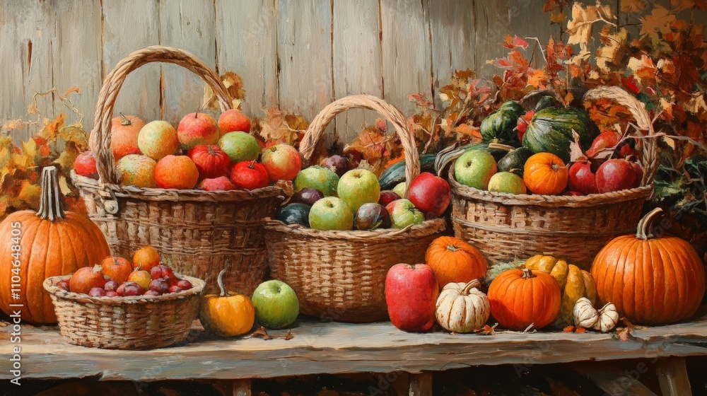 A fall harvest scene with baskets of apples, pumpkins, and colorful gourds on display A fall harvest scene with baskets of apples, pumpkins, and colorful gourds on display