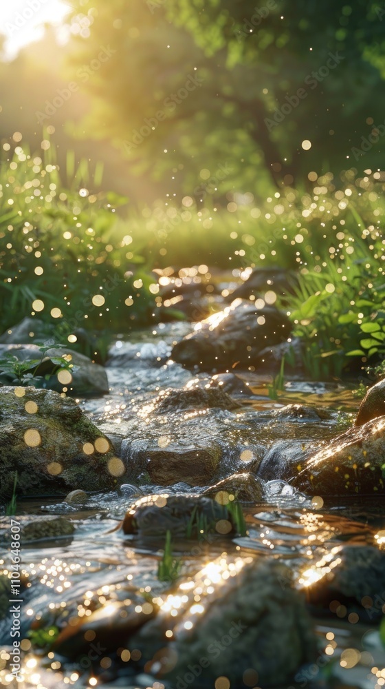 Sunlit stream flowing over rocks in a lush green forest. Sunlit stream flowing over rocks in a lush green forest.