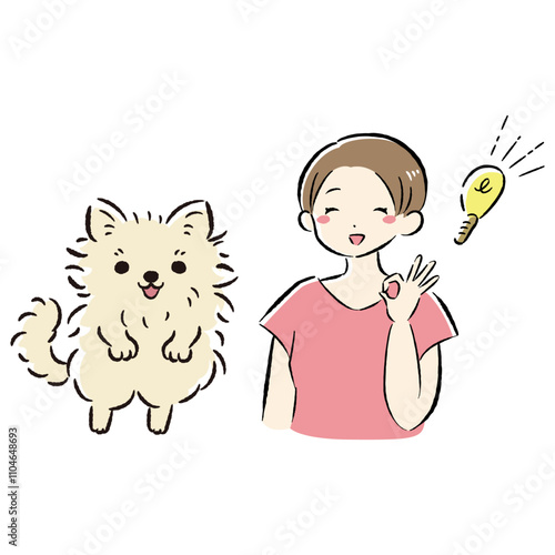 ジャンプする犬とアイデアを思いつく飼い主のイラストセット