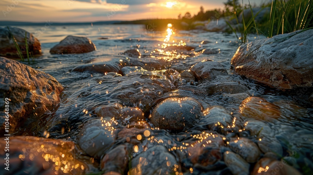 Sunset over lake, water flowing over rocks. Sunset over lake, water flowing over rocks.