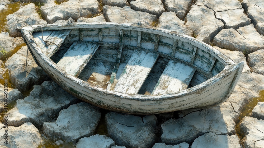 A lone boat stranded on the dry bed of a shrunken lake A lone boat stranded on the dry bed of a shrunken lake