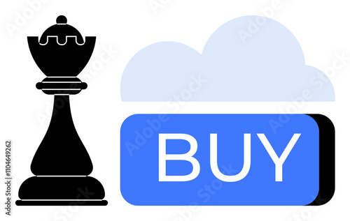 Chess king, cloud icon, and prominent BUY button signify strategic online buying decisions. Ideal for e-commerce, digital strategy, decision-making, business planning, online marketing, innovation