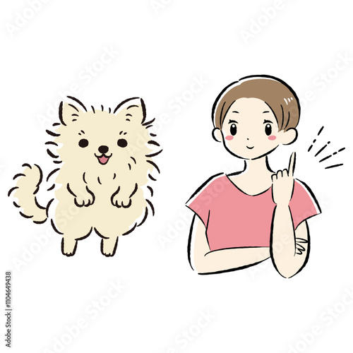 ジャンプする犬と指を差す飼い主（アイデアを思いつく）イラストセット