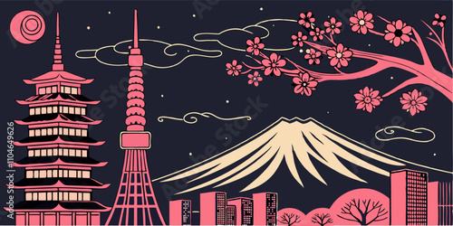Illustration Panoramic Landscape of Tokio Japan with Fuji Mountain, Towers and Sakura Tree.