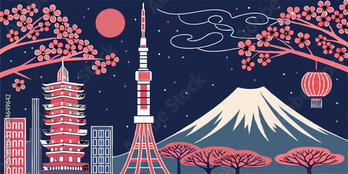 Illustration Panoramic Landscape of Tokio Japan with Fuji Mountain, Towers and Sakura Tree.