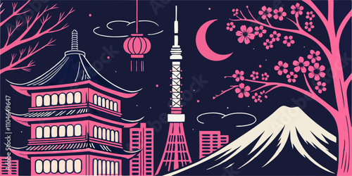 Illustration Panoramic Landscape of Tokio Japan with Fuji Mountain, Towers and Sakura Tree.