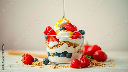 Delicious layered parfait with creamy yogurt, crunchy granola, and a medley of fresh berries, drizzled with honey.