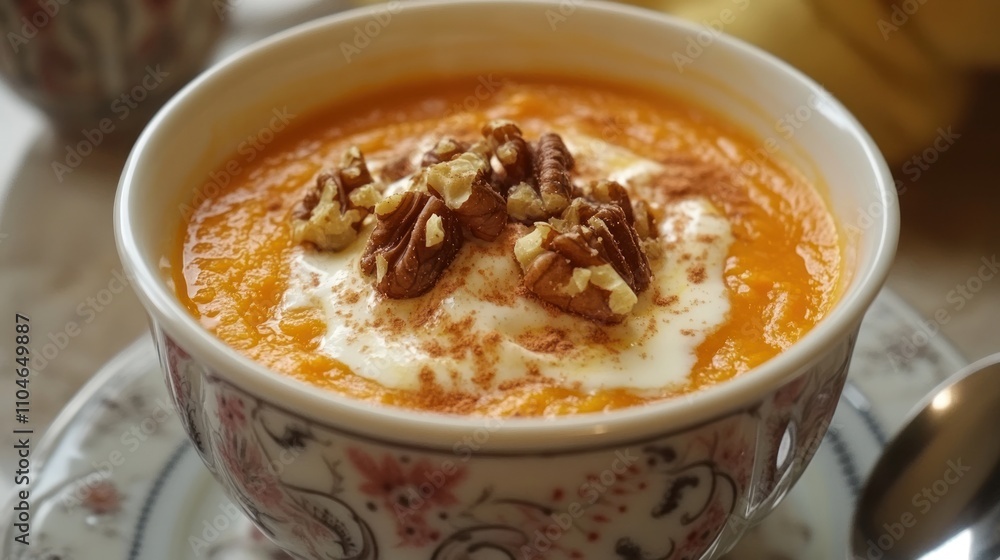 Carrot and orange soup with candied walnuts and a swirl of cream, Carrot and orange soup with candied walnuts and a swirl of cream,