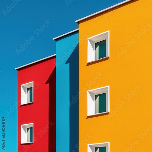 A vibrant photo showcasing colorful apartment buildings in red, blue, and yellow against a clear blue sky.