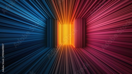 A vibrant, abstract hallway with colorful light beams converging towards a central glowing area, creating a sense of depth and energy.