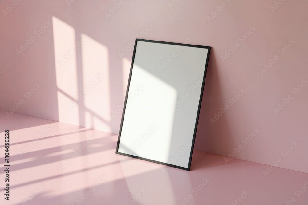 White poster in black frame on a pastel pink surface with subtle light effects White poster in black frame on a pastel pink surface with subtle light effects