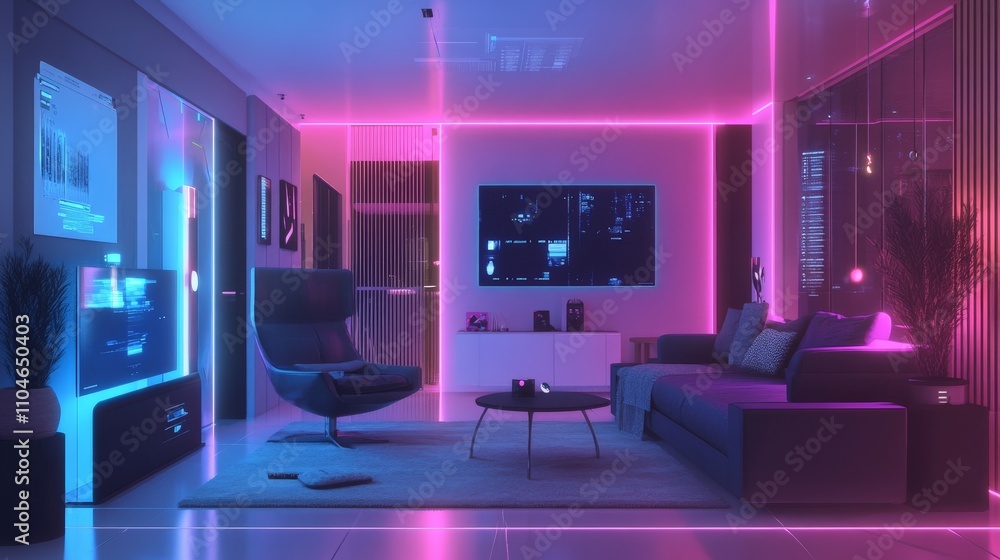 A futuristic smart home controlled by AI, with holographic interfaces and automation A futuristic smart home controlled by AI, with holographic interfaces and automation