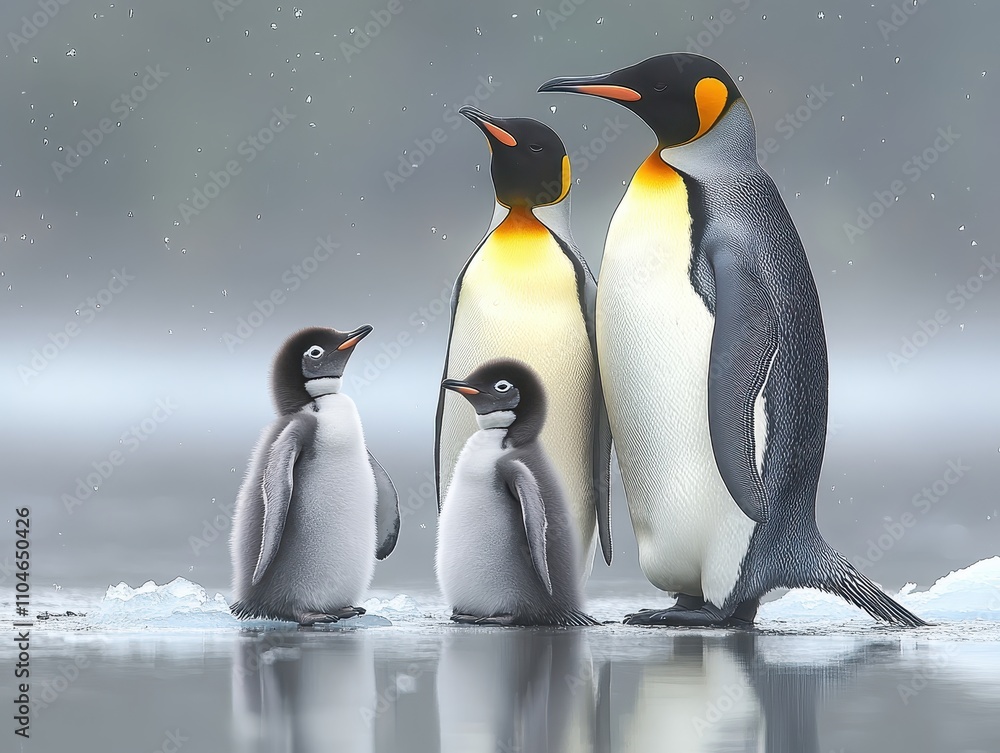 Obraz premium A family of penguins stranded on shrinking ice