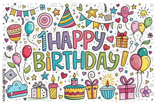 Colorful doodle illustration of happy first birthday with balloons, cake, presents, and party decorations.