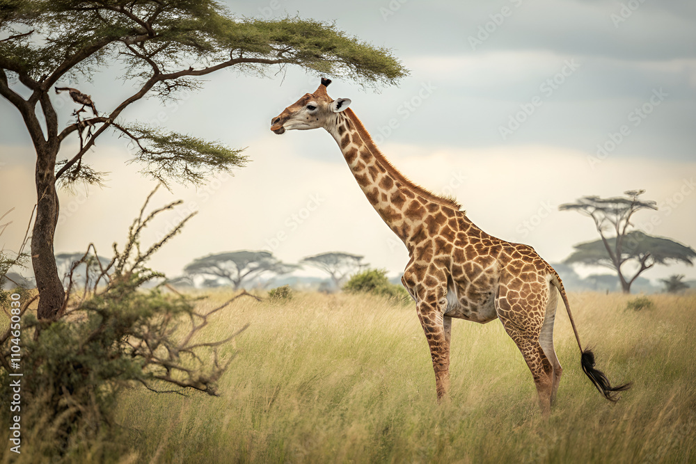Fototapeta premium A giraffe stands in a grassy field next to a tree