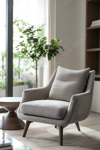 Modern Minimalist Living Room with Grey Upholstered Armchair and Natural Lighting