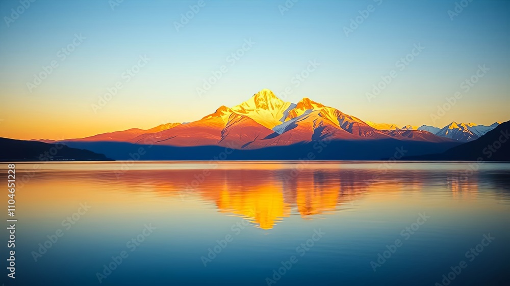 Serene Sunset Reflection on a Calm Lake with Majestic Snow-Capped Mountains Serene Sunset Reflection on a Calm Lake with Majestic Snow-Capped Mountains