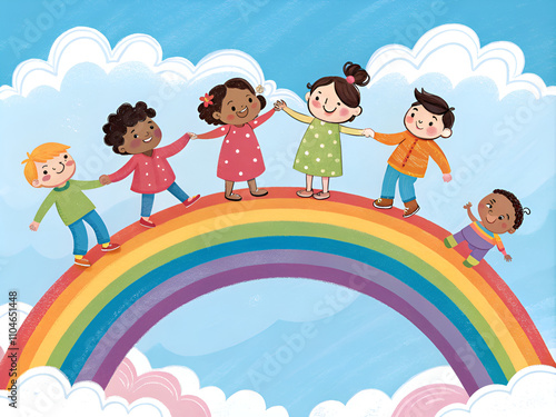 A group of children are holding hands and standing on a rainbow