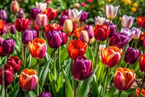 A field of colorful tulips with a mix of red, orange, and purple flowers