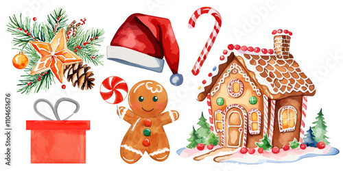 Christmas decoration set. Hand drawn watercolor painting set of a christmas elements: Gingerbread man, home, santa hat, candy cane, gift box isolated on white background. 